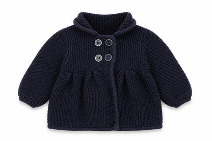 Front view of Junior J unisex baby blue cardigan, 9-12 months, casual knit