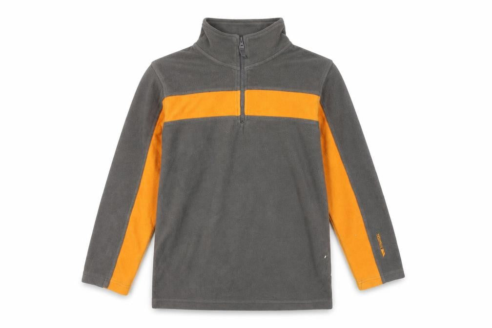 Front view of Trespass boys’ grey orange fleece sweatshirt 11-12 years