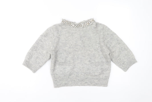 Zara Women Grey Jumper, Size S, Embroidered Accent