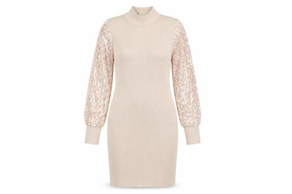 Quiz Beige Bodycon Dress Women's S High Neck Sequin Sleeve