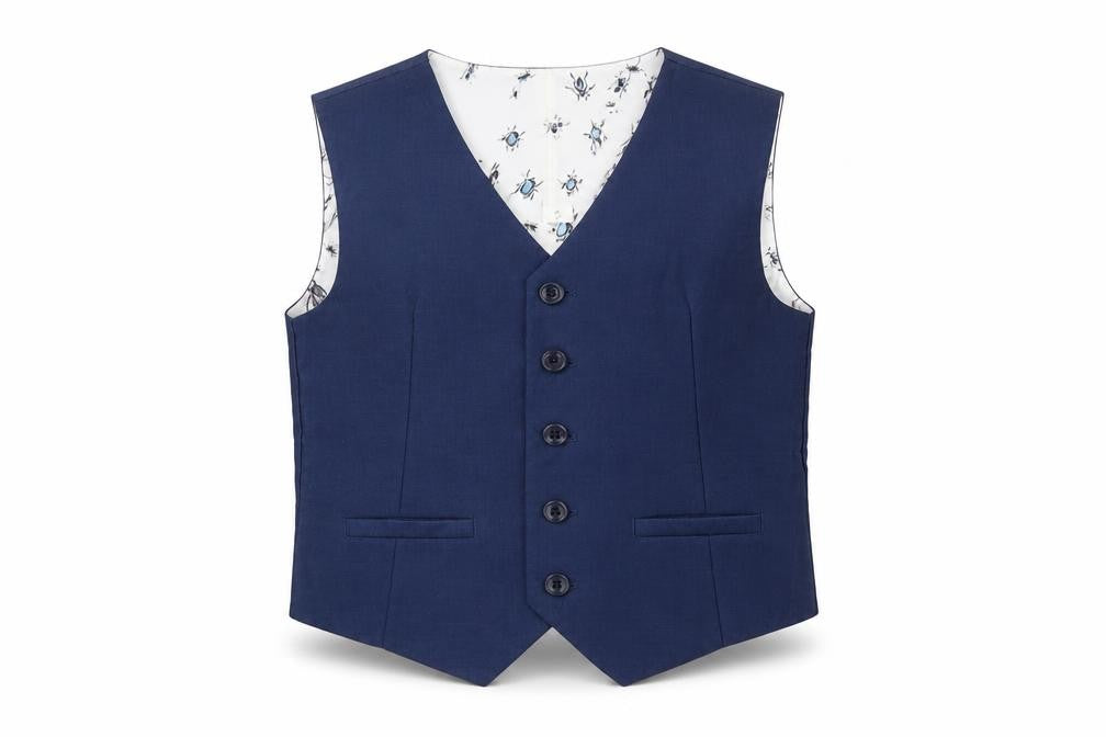 Front view of Monsoon boys’ blue suit waistcoat 6 years