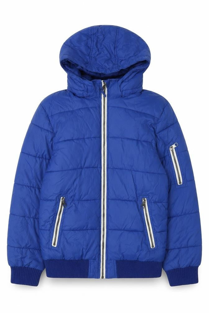 Front view of H&M boys’ blue puffer jacket 13 years hooded winter coat