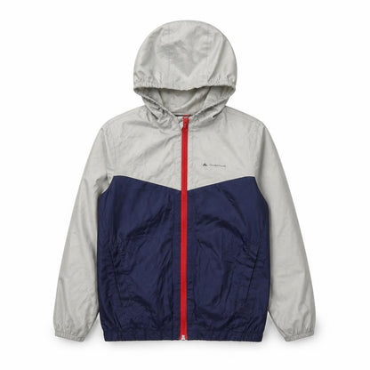 Front view of Decathlon boys’ blue grey windbreaker jacket 8 years hooded