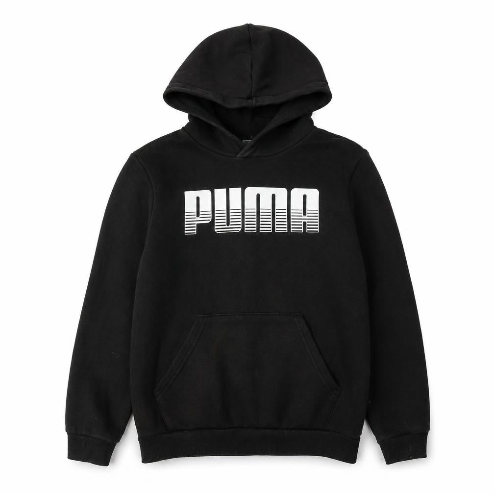 Front view of Puma boys’ black hoodie pullover, size 13, graphic logo