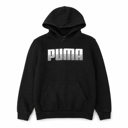 Front view of Puma boys’ black hoodie pullover, size 13, graphic logo