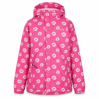 Front view of Regatta girls’' pink floral rain coat, size 14