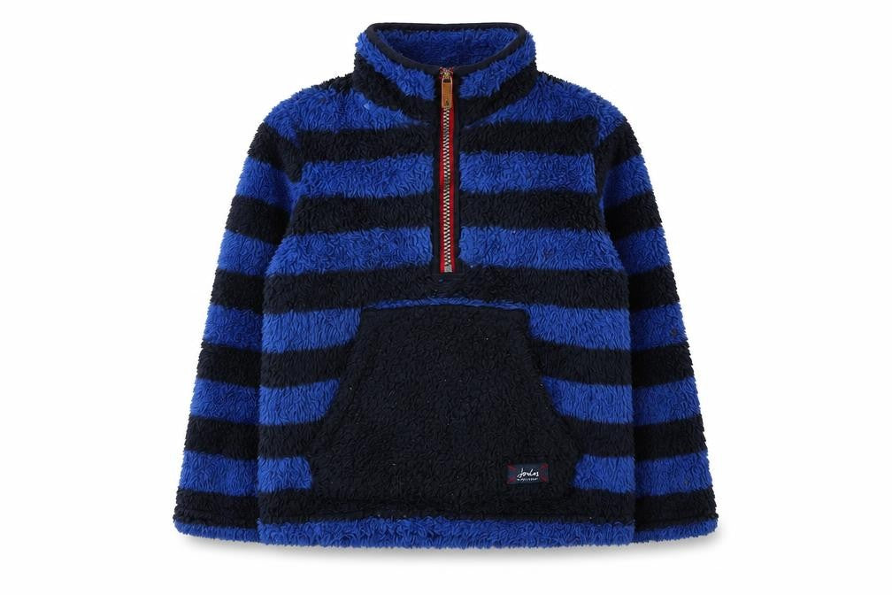 Front view of Joules boys’ blue striped fleece sweatshirt 5-6 years