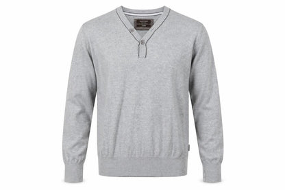 Front view of St. George by Duffer Men's Grey Henley Jumper, size S