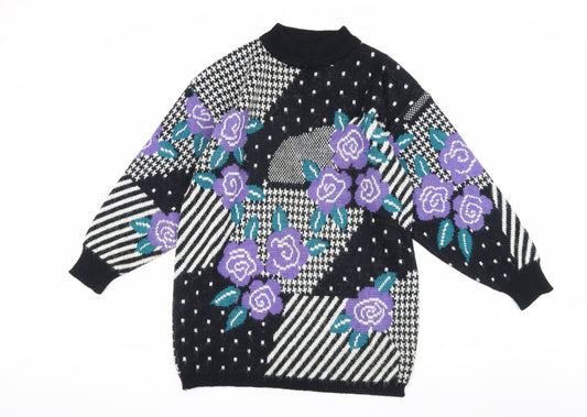 Honey Women's Black Floral Knit Jumper One Size High Neck