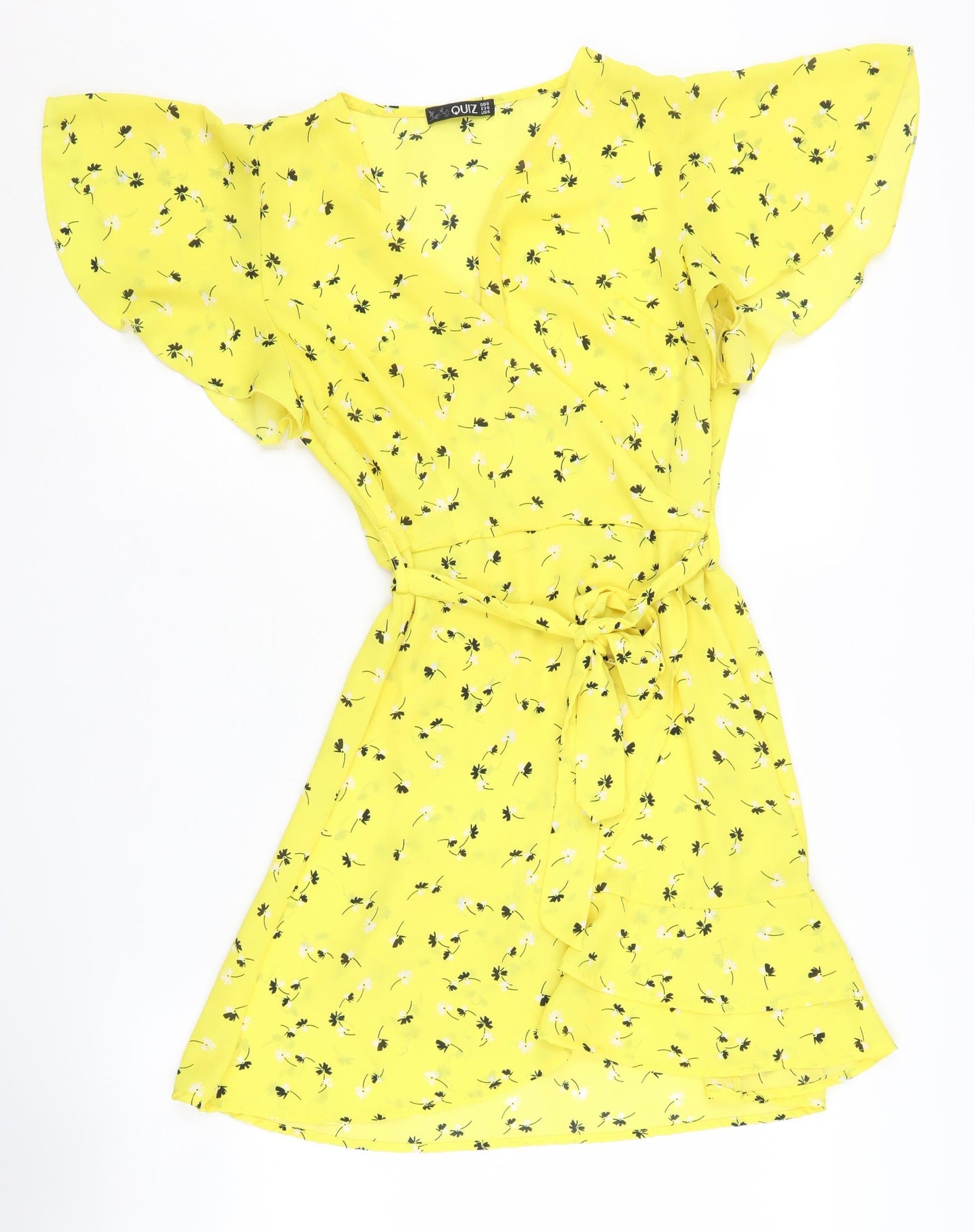 Quiz Women's Yellow Floral Wrap Dress Size 8