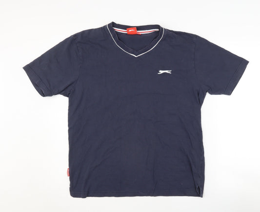 Slazenger Men's Blue V-Neck T-Shirt, Medium, Cotton, Logo Accent