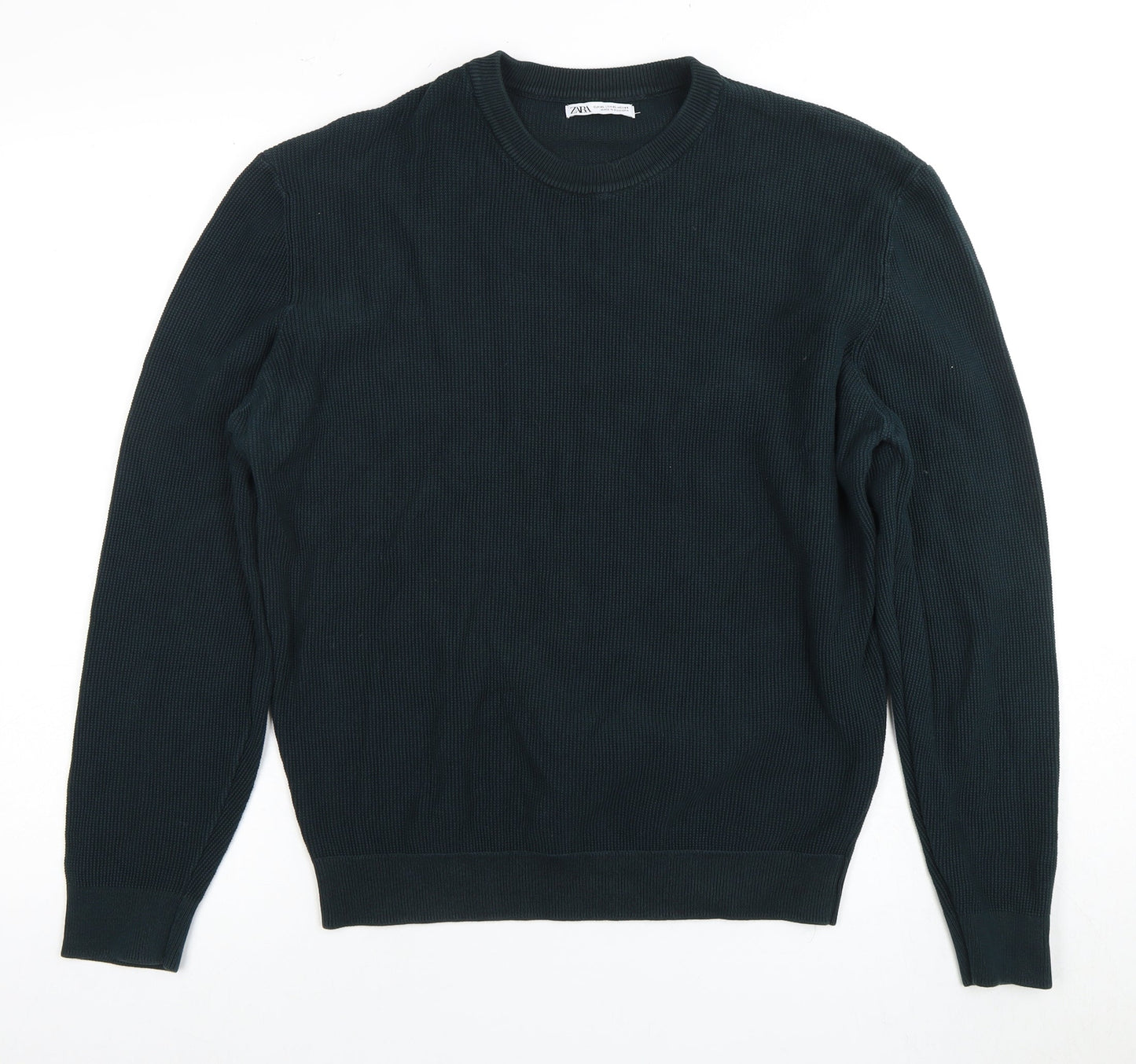 Zara Men's Black Cotton Pullover Jumper, Crew Neck