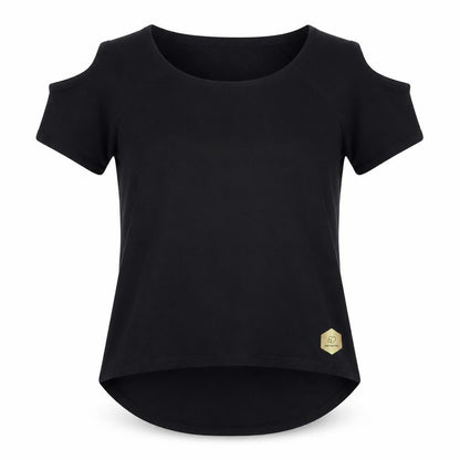 SkinniFit Women’s Black Cold Shoulder T-Shirt, Size S