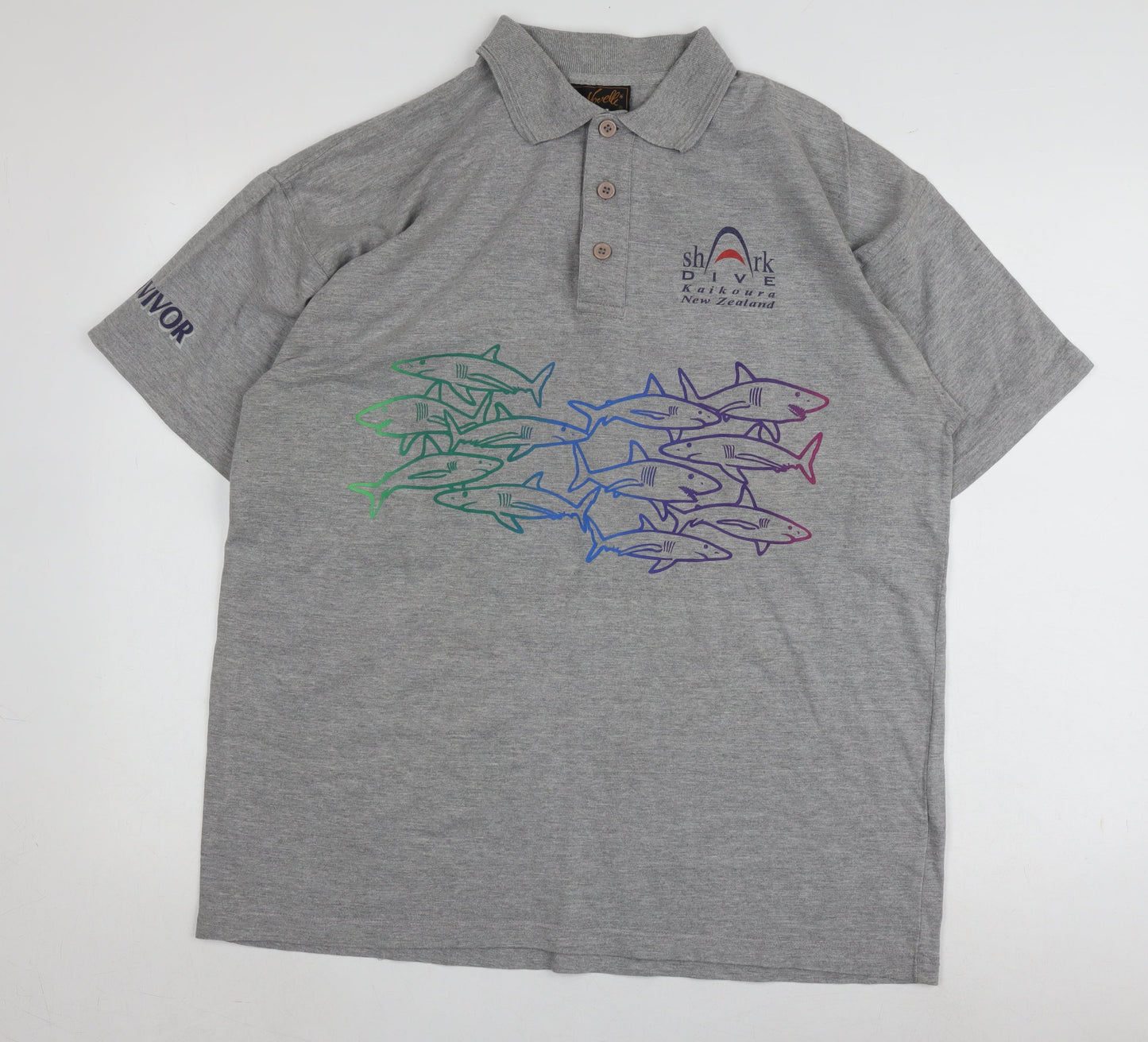 Mens Grey Graphic Polo Shirt XL Short Sleeve Cotton