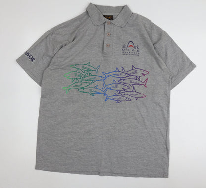 Mens Grey Graphic Polo Shirt XL Short Sleeve Cotton