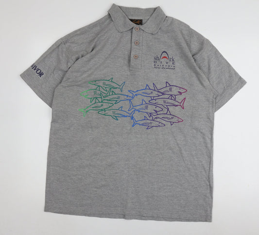 Mens Grey Graphic Polo Shirt XL Short Sleeve Cotton