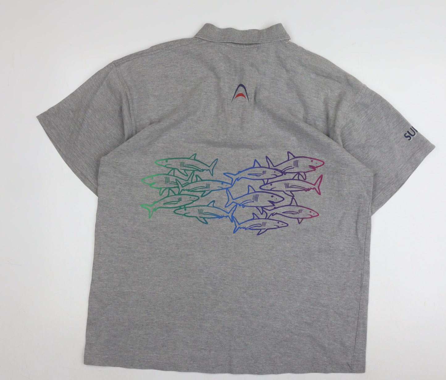 Mens Grey Graphic Polo Shirt XL Short Sleeve Cotton