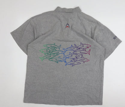 Mens Grey Graphic Polo Shirt XL Short Sleeve Cotton