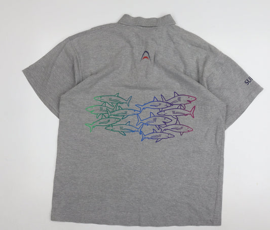 Mens Grey Graphic Polo Shirt XL Short Sleeve Cotton