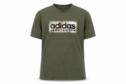 Front view of Adidas boys’ green t-shirt, size 13-14, graphic logo, casual