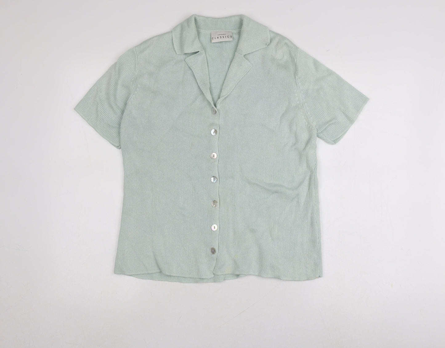 Modern Classics Women's Green Short Sleeve Collared Button Front Knit Top