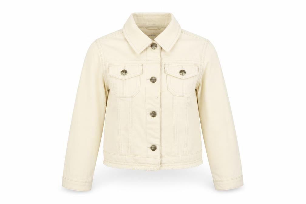 Front view of Mantary girls’ beige denim jacket, size 7, cotton