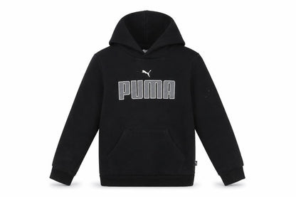 Front view of Puma boys’ black pullover hoodie 9-10 years with logo print