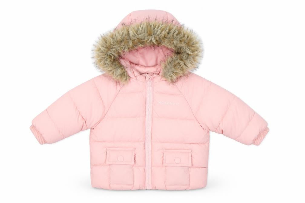 Front view of Mckenzie unisex pink puffer jacket, 0-3 months, winter style