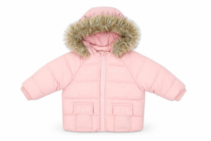 Front view of Mckenzie unisex pink puffer jacket, 0-3 months, winter style