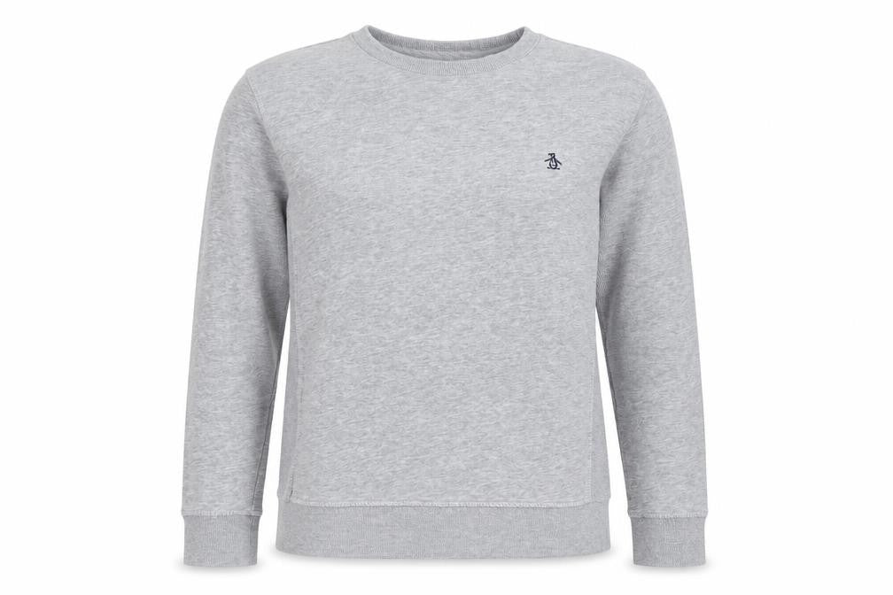 Front view of Original Penguin unisex grey pullover sweatshirt, size S