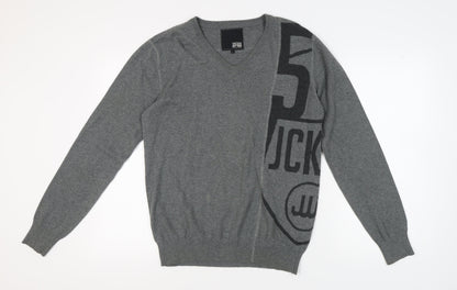 Jack & Jones Men's Grey Graphic V-Neck Pullover Jumper - L