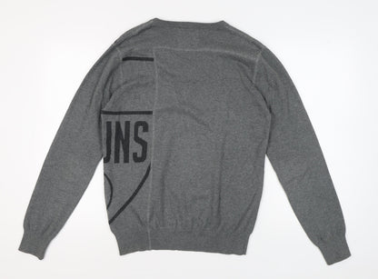 Jack & Jones Men's Grey Graphic V-Neck Pullover Jumper - L