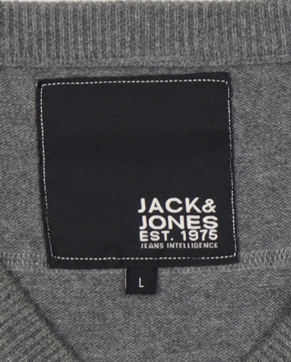 Jack & Jones Men's Grey Graphic V-Neck Pullover Jumper - L