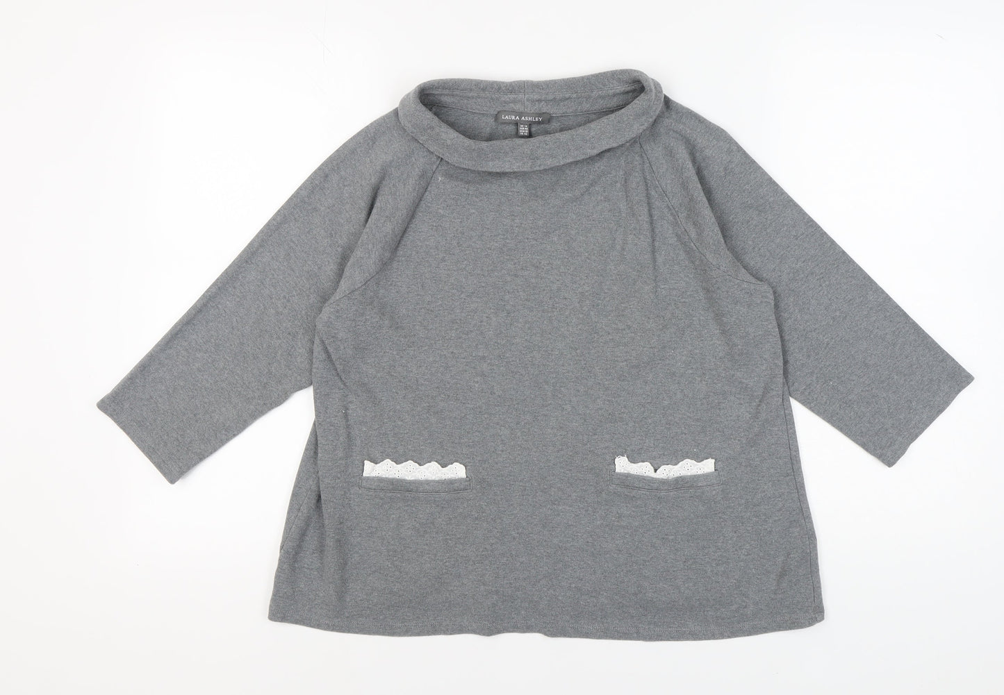 Laura Ashley Grey 3/4 Sleeve Top, UK 14, High Neck, Cotton