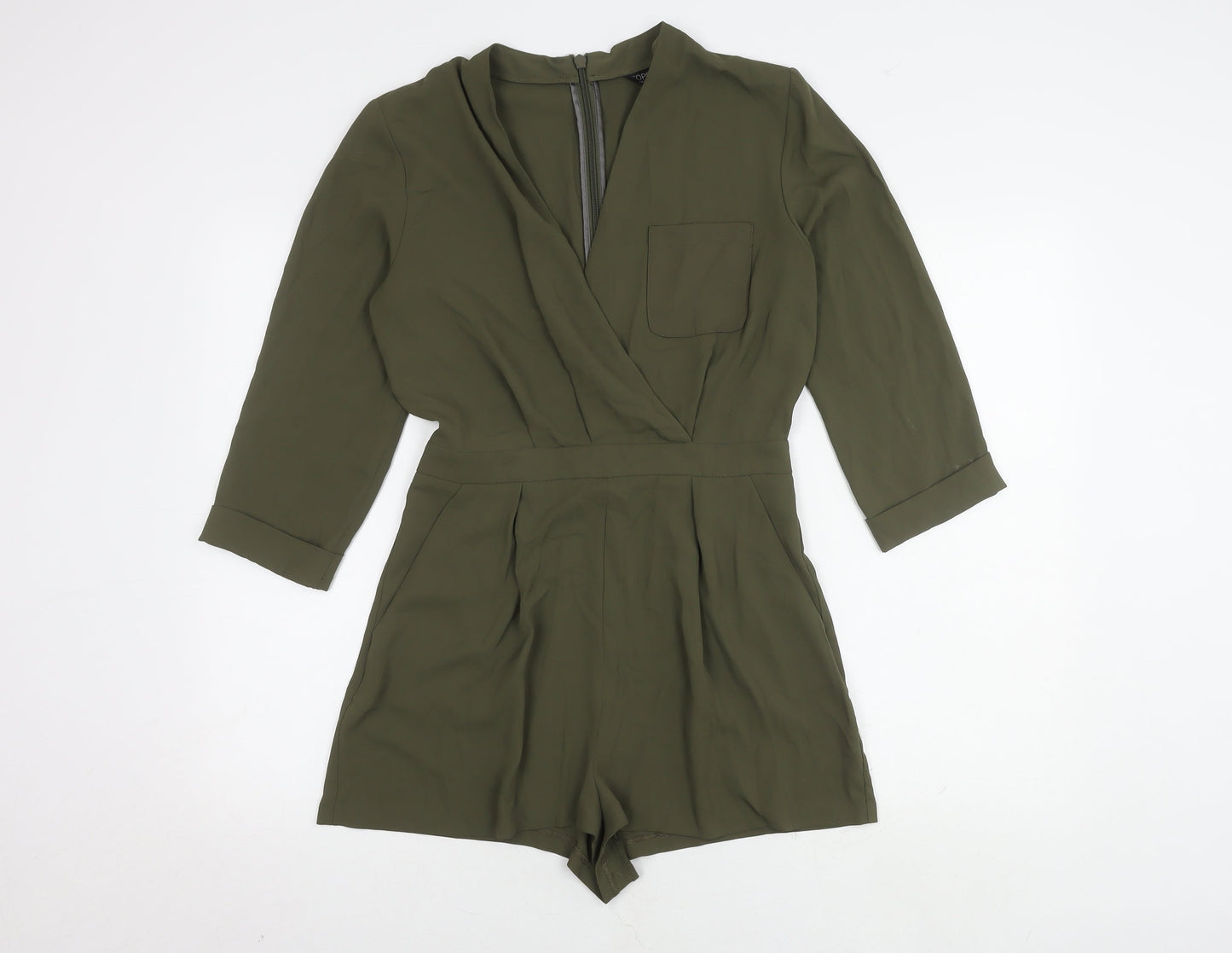 Topshop Womens Green Playsuit UK 10 V-Neck 3/4 Sleeve
