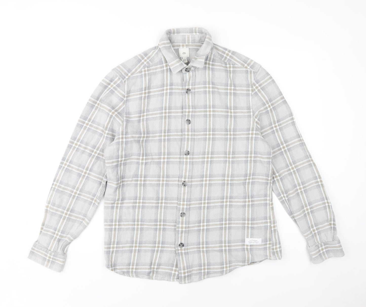 River Island Men's Grey Plaid Button-Up Shirt M