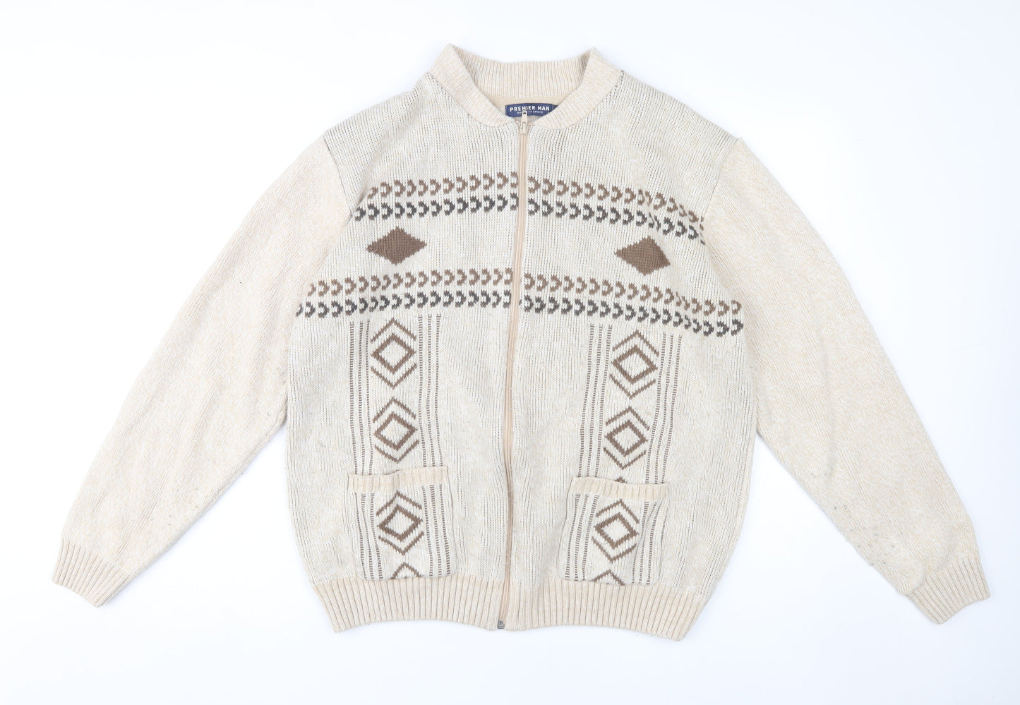 Premier Man Men's Beige Full Zip Cardigan, L, Geometric Knit