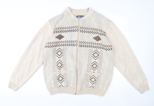 Premier Man Men's Beige Full Zip Cardigan, L, Geometric Knit