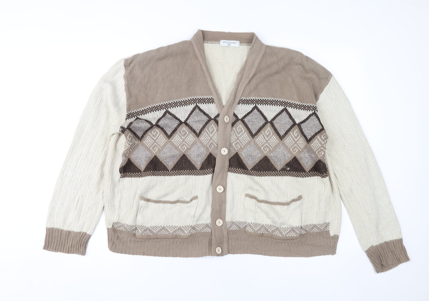 Bellisimo Men's Beige XL Argyle Cardigan