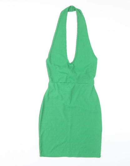 PrettyLittleThing Green Bodycon Halter Dress UK 8