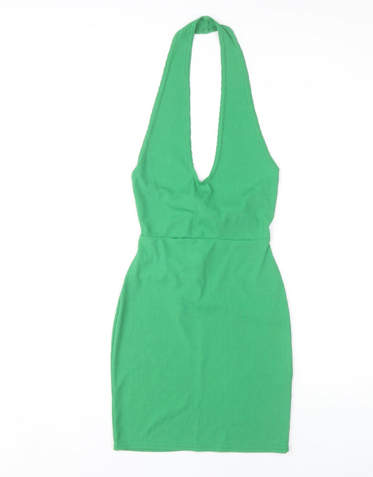 PrettyLittleThing Green Bodycon Halter Dress UK 8