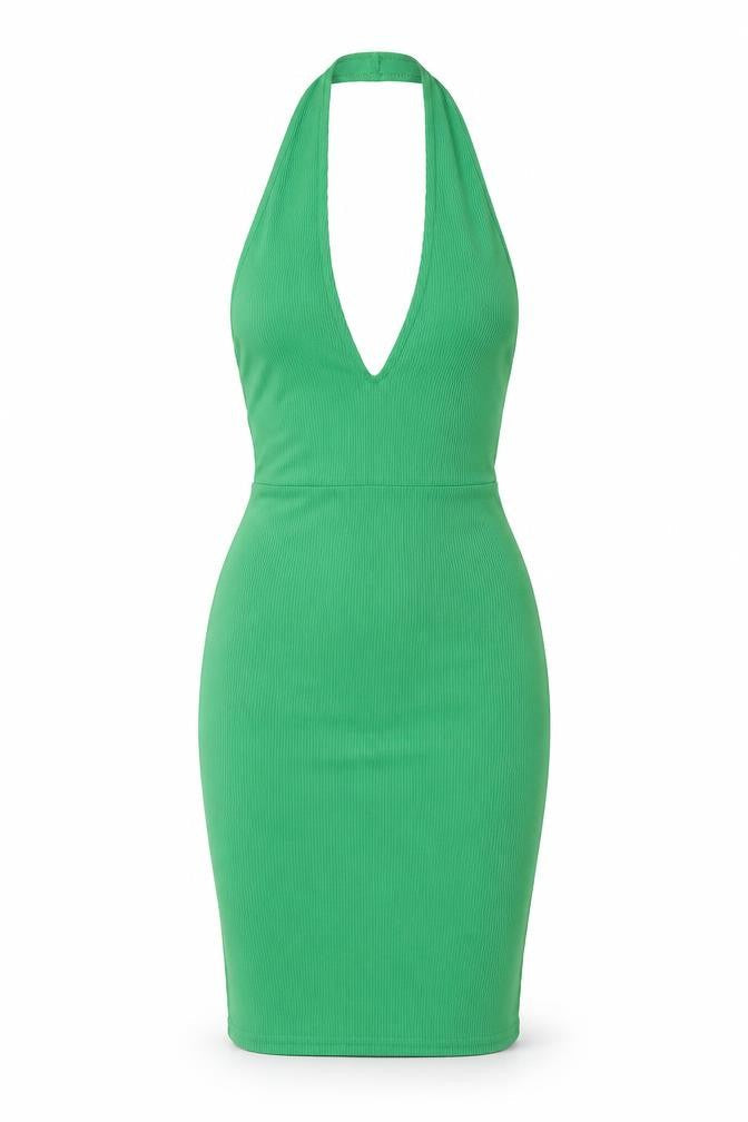PrettyLittleThing Green Bodycon Halter Dress UK 8