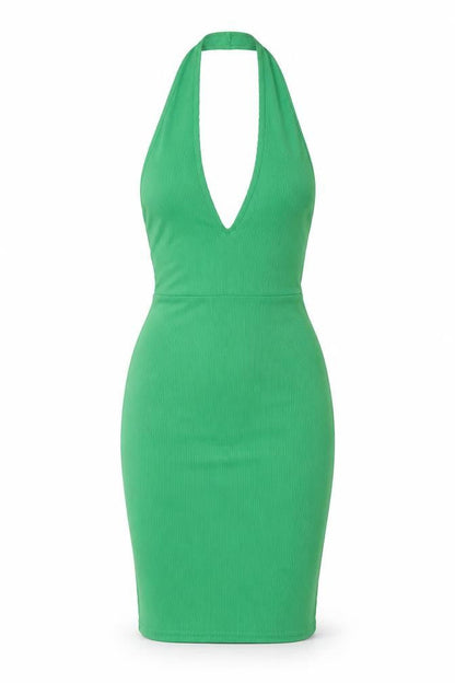 PrettyLittleThing Green Bodycon Halter Dress UK 8