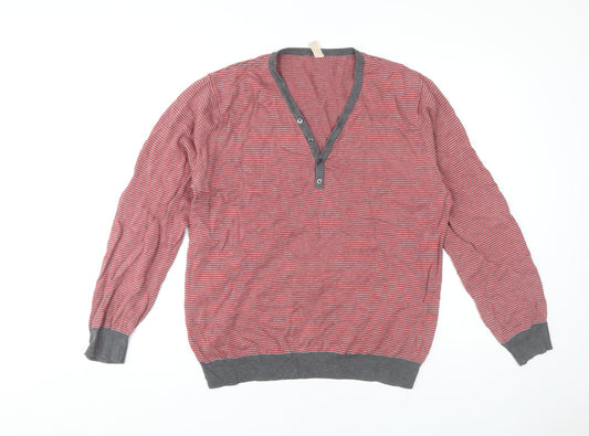 ASOS Men's Red L Henley Jumper, Striped Cotton