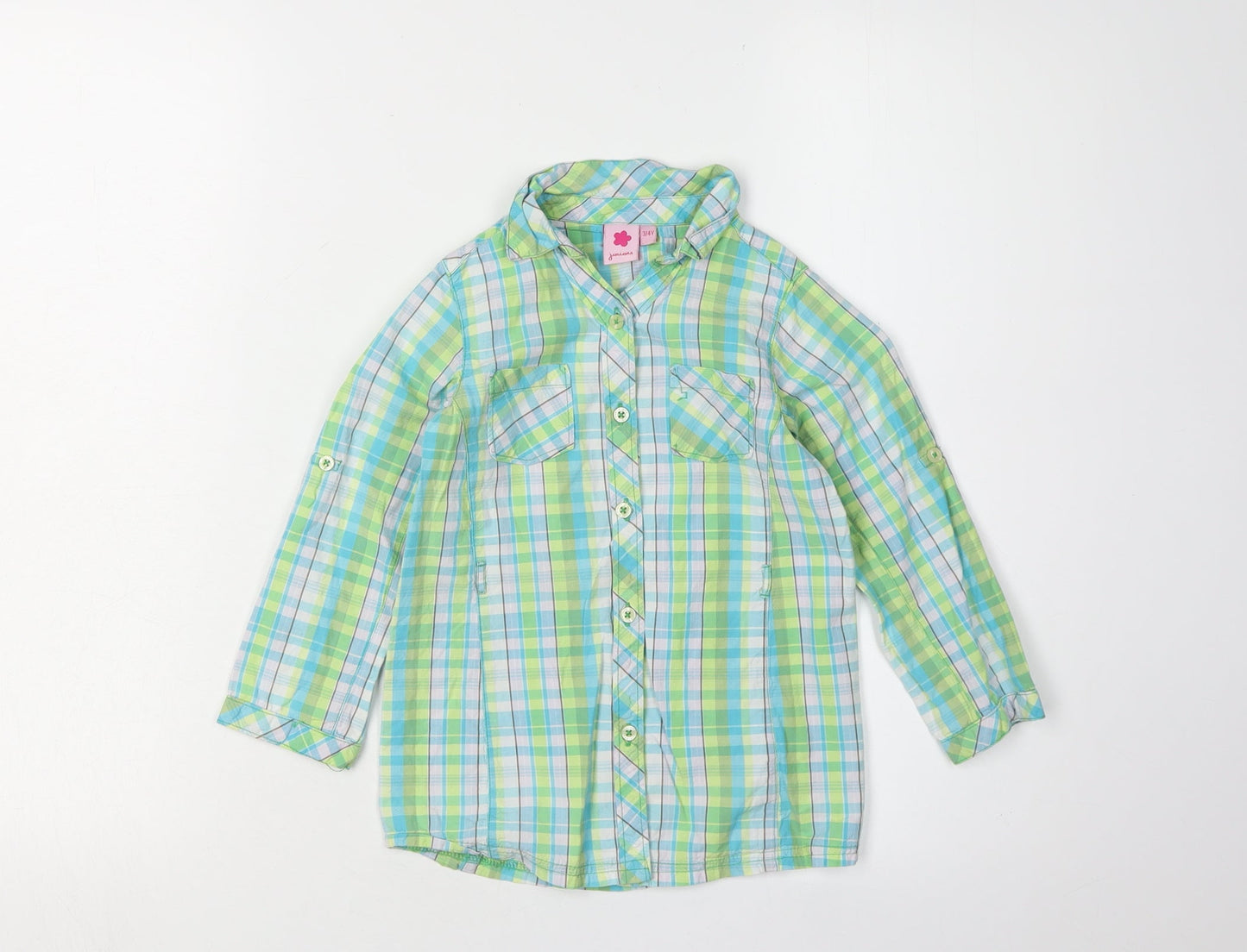 Juniors Girls Green Blue Plaid Button-Up Shirt 3-4 Years