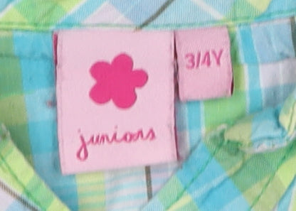 Juniors Girls Green Blue Plaid Button-Up Shirt 3-4 Years