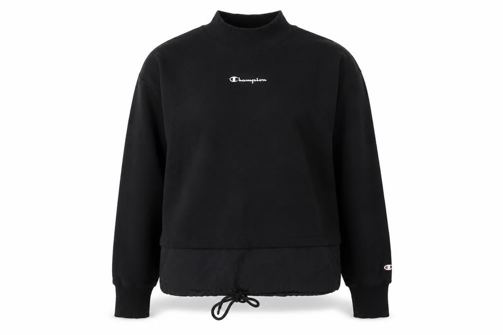 Front view of Champion unisex black sweatshirt m, mock neck, logo