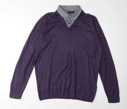 James Pringle Men's Purple V-Neck Check Jumper, Size S