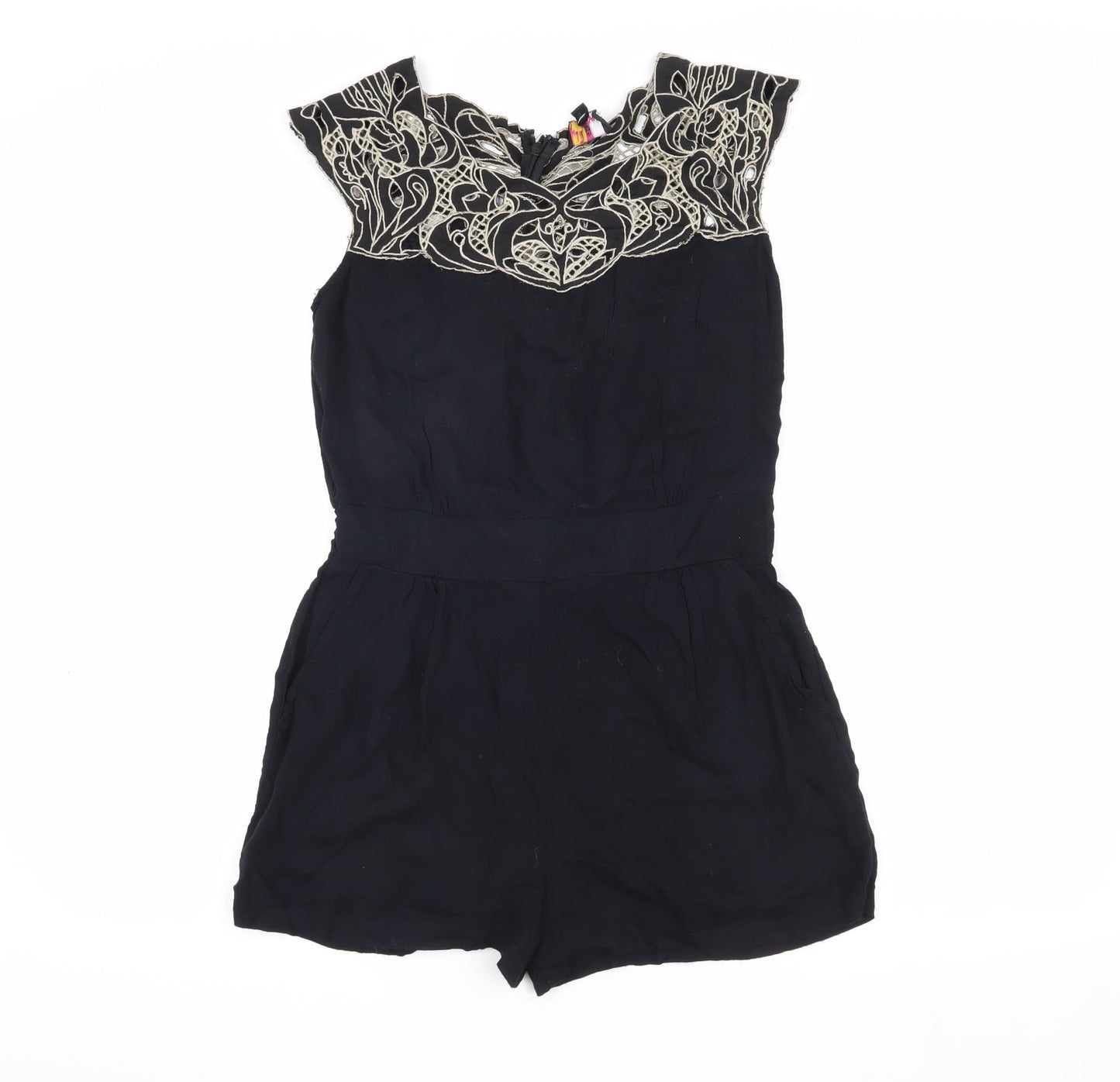 Yumi Women's Black Embroidered Playsuit, Size S