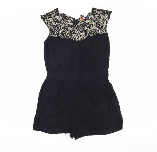 Yumi Women's Black Embroidered Playsuit, Size S